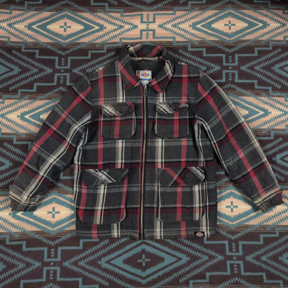 Dickies Men's Shirt Jacket Shacket L Red Red Flannel Plaid Workwear Heavyweight